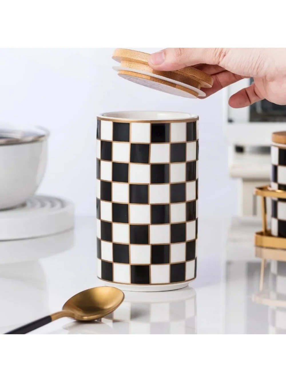Stylish Black & White Checkered Ceramic Canisters - Airtight Food Storage for